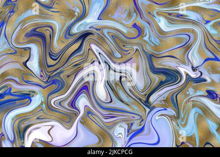 Blauer Marmor und Gold abstrakter Hintergrund Textur. Indigo Ozeanblau marmoriert mit natürlichen Luxus-Stil Wirbeln aus Marmor und Goldpulver. Stockfoto