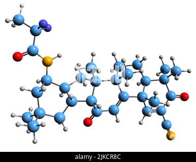 3D Bild der Skelettformel von Omaveloxolone - molekularchemische Struktur der synthetischen Oleanan-Triterpenoid-Verbindung auf weißem Hintergrund isoliert Stockfoto