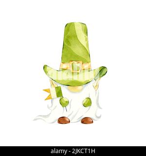 St. Patrick's Day Kobold. Aquarell-Zwerg mit dreifarbiger Flagge. Handgezeichnete Illustration von Kobold isoliert auf weiß. Stockfoto