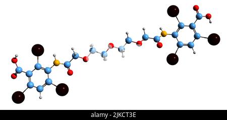 3D Bild der Skelettformel der Iotolsäure - molekularchemische Struktur des Kontrastmittels isoliert auf weißem Hintergrund Stockfoto