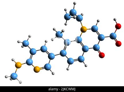 3D Bild der Skelettformel von Ozenoxacin - molekulare chemische Struktur von Impetigo-Medikamenten auf weißem Hintergrund isoliert Stockfoto