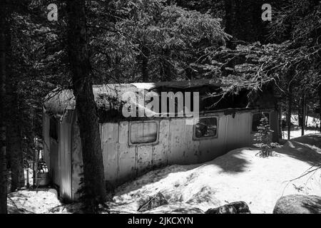 Eine Graustufenaufnahme eines verlassenen alten Hauses in der Indian Peaks Wilderness in Colorado Stockfoto