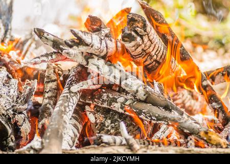 Eine Nahaufnahme von Holzstücken und Brennholz, Holzkohle und Asche, die in Flammen brennen. Stockfoto