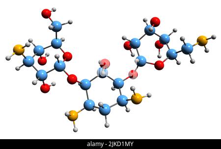3D Bild von Kanamycin Eine Skelettformel - molekularchemische Struktur eines Antibiotikums auf weißem Hintergrund isoliert Stockfoto