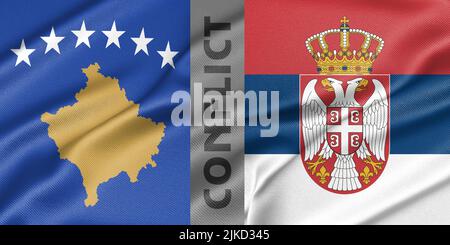 Konflikt Kosovo und Serbien, Krieg zwischen Kosovo und Serbien, Fabric Nationalflagge Kosovo und Flagge Serbien, Krieg Krisenkonzept. 3D Arbeit und 3D Bild Stockfoto