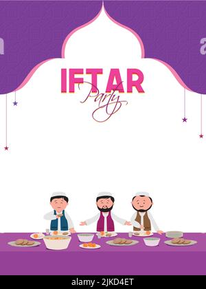 Iftar Party Flyer Design Mit Islamischen Männern, Die Vor Köstlichen Speisen In Violetter Und Weißer Farbe Sitzen. Stock Vektor