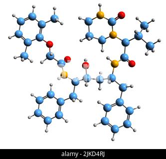 3D Bild der Skelettformel von Lopinavir - molekulare chemische Struktur des antiretroviralen Protease-Inhibitors, isoliert auf weißem Hintergrund Stockfoto