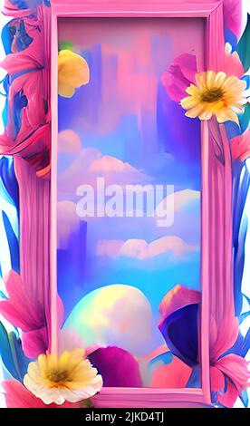 Ein vertikaler rosafarbener Rahmen mit gelben Blüten. Stockfoto