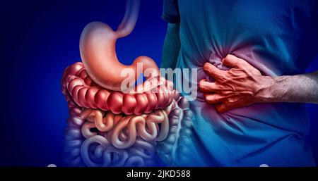 Magenschmerzen oder Magenschmerzen mit einem schmerzhaften Verdauungssystem Schmerzen wie eine Bauchkrankheit oder IBS und Geschwüre, die Darmentzündung. Stockfoto