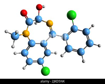 3D Bild der Lormetazepam-Skelettformel - molekulare chemische Struktur des Benzodiazepin-Derivats auf weißem Hintergrund isoliert Stockfoto