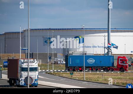 Maasvlakte Olie Terminal, 39 Großtanks Logistik für verschiedene Erdölprodukte, wie Benzin, Paraffin, Diesel und Pflanzenöle, Rotterdam, Th Stockfoto