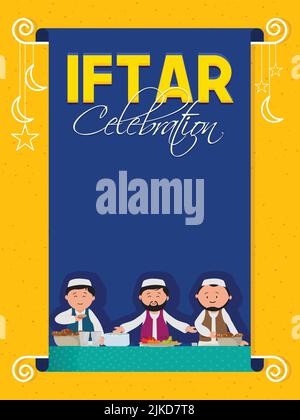 Iftar Party Flyer Design Mit Islamischen Männern Genießen Köstliche Lebensmittel Auf Blauem Und Orangefarbenem Hintergrund. Stock Vektor