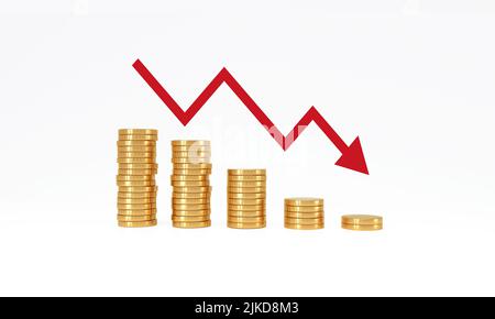 Coin Stack Schritt-down-Grafik mit rotem Pfeil auf weißem Hintergrund. Management Business Finanz-und Investitionskonzept. 3D Rendern. Stockfoto