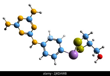 3D Bild der Skelettformel von Melarsoprol - molekulare chemische Struktur arsenhaltiger Medikamente, isoliert auf weißem Hintergrund Stockfoto