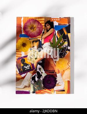 Zeitgenössische botanische gepresste Blumenkunst. Gepresste Floristik Oshibana. Eine Collage aus Ausschnitten aus einem Hochglanzmagazin und eingeklebten getrockneten Blumen. Poster Stockfoto