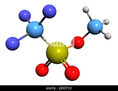 3D Bild der Skelettformel von Methyltrifluormethansulfonat - molekularchemische Struktur der organischen Verbindung Methyltriflat isoliert auf weißem b Stockfoto