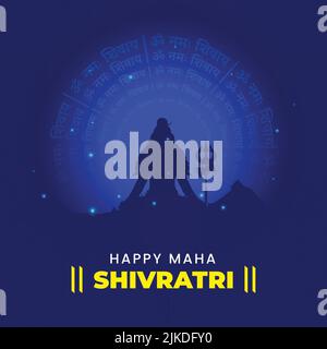 Happy Maha Shivratri Konzept Mit Silhouette Lord Shiva Meditiert Auf Blue Om Namah Shivaya Text Runde Hintergrund. Stock Vektor