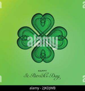 „Happy St. Patrick's Day“-Schriftart mit gestricktem oder Knoten-Kleeblatt auf glänzend grünem Hintergrund. Stock Vektor