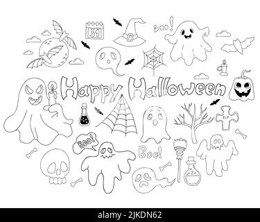 Magische Doodle Kollektion Happy Halloween. Niedlicher Geist und Spuk mit Kerze, Jack-Kürbis, Fledermaus und Schädel, Grab und Hexenhut und magischen Tränke. Vecto Stock Vektor