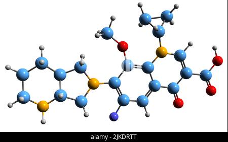 3D Bild der Skelettformel von Moxifloxacin - molekularchemische Struktur eines Antibiotikums auf weißem Hintergrund isoliert Stockfoto