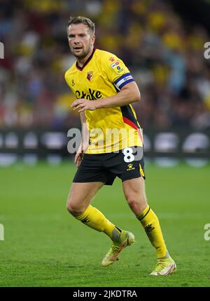 Watfords Tom Cleverley beim Sky Bet Championship-Spiel in der Vicarage Road, Watford. Bilddatum: Montag, 1. August 2022. Stockfoto