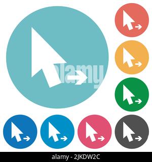 Pfeil-Cursor nach rechts durchgehende, flache weiße Symbole auf runden farbigen Hintergründen Stock Vektor
