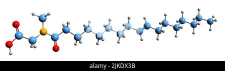 3D Bild der N-Oleoylsarcosinskelettalen Formel - molekularchemische Struktur des Korrosionsinhibitors Oleylsarcosine auf weißem Hintergrund isoliert Stockfoto