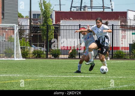 Detroit, Michigan, USA. 31.. Juli 2022. Die Damen-Teams der Vereinigten Staaten und Ägyptens spielten das erste Spiel beim Fußballturnier Special Olympics Unified Cup (Fußball) 2022. Der Unified Cup vereint Athleten mit und ohne intellektuelle Behinderungen als Teamkollegen. Kredit: Jim West/Alamy Live Nachrichten Stockfoto