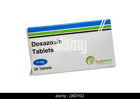 Stockbild einer Packung Doxazosin-Blutdrucktabletten. Stockfoto