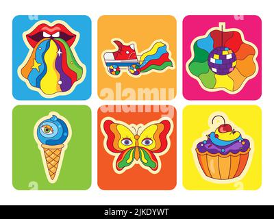 Psychedelische Retro-Sticker im Cartoon-Stil. Set aus Retro-Elementen im funkigen Hippie-Stil. Regenbogen, Pilze, Augen, Diskokugel. Vektorgrafik Stock Vektor