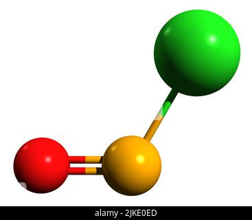 3D Bild der Nitrosyl-Chlorid-Skelettformel - molekularchemische Struktur der chemischen Verbindung isoliert auf weißem Hintergrund Stockfoto