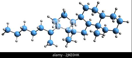 3D Bild der Skelettformel von Norcholestan - molekularchemische Struktur des Steroidderivats auf weißem Hintergrund isoliert Stockfoto