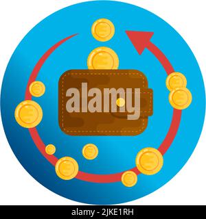 Vorlage für den Aufkleber zur Illustration des Cashback-Service. Geldmünzen Rückkehr Pfeil und Brieftasche Symbole. Label-Banner des Treueprogramms isoliert Stock Vektor