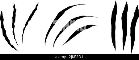 Katzenkratzer gesetzt. Schwarze Krallen Tierkratz, zerrissenes Papier. Spuren von Katzenklauen. Vektorgrafik auf schwarzem Hintergrund. Stock Vektor