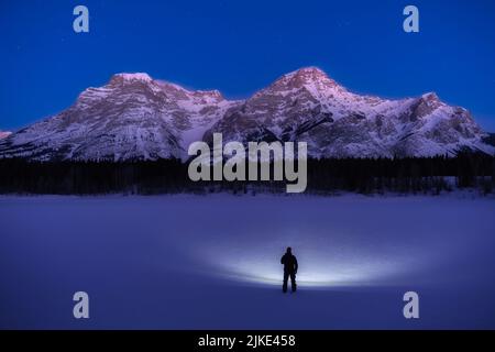 Person, die nachts in den Himmel schaut Stockfoto