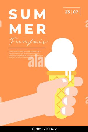 Sommerfest minimal trendy vertikale Poster mit Eis in der Hand. Karneval Kirmes minimalistischer kreativer Design Flyer. Urlaub Spaß Messe festliche einfache flache Vektor eps Grußkarte Stock Vektor