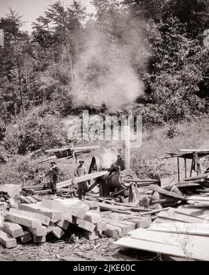 1930S 1940S ZWEI AFROAMERIKANISCHE MÄNNER-SÄGEWERKE, DIE HOLZ AUF EINEM DAMPFBETRIEBENEN SÄGEWERK HERSTELLEN, LÄNDLICHES VIRGINIA USA - I351 HAR001 HARS B&W NORTH AMERICA NORTH AMERICAN SKILL OCCUPATION SKILLS AFRO-AMERIKANER AFRO-AMERIKANER KARRIERE HOLZ SCHWARZ ETHNIZITÄT ARBEIT AUF BESCHÄFTIGUNG HERSTELLUNG BERUFE KREISFÖRMIGE ANGETRIEBENE INFRASTRUKTUR MITARBEITER HOLZ ANGETRIEBENE SÄGEWERK VA SCHWARZ UND WEISS HAR001 ARBEITEN ALTMODISCHE AFROAMERIKANER Stockfoto