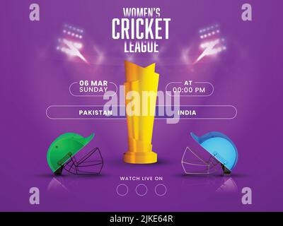 Frauen-Cricket-Match zwischen Pakistan und Indien mit Helmen und 3D Golden Trophy Cup auf lila verschwommen Stadium Lights Hintergrund. Stock Vektor