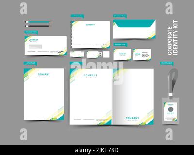 Corporate Identity Kit Mit Briefkopf, Faltprospekt, Umschlag, Flash-Laufwerk, Notizblatt, Besuch- Und Id-Karte Auf Grauem Hintergrund. Stock Vektor