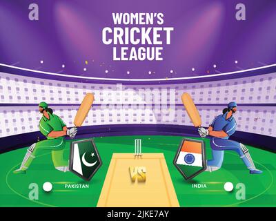 Frauen-Cricket-Spiel zwischen Pakistan und Indien mit 3D Flaggenschilden und Batter-Spieler-Charakter auf Stadium View Hintergrund. Stock Vektor