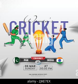 Teilnehmendes Frauen-Cricket-Team von Pakistan gegen Indien und Siegertrophäe-Cup 3D auf grauem Hintergrund. Stock Vektor