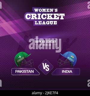Frauen Cricket Match zwischen Pakistan und Indien mit Kleidung Helme auf lila gepunkteten Hintergrund. Stock Vektor