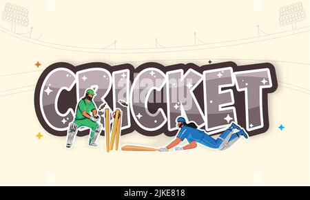 Sticker Style Cricket Font Mit Konzept Der Run Out Weibliche Batter Player Und Wicket Keeper Hit Ball Auf Beige Hintergrund Stolpert. Stock Vektor