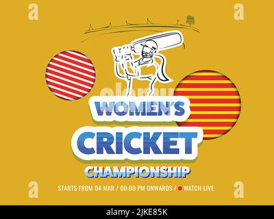 Sticker Style Frauen Cricket Championship Font mit Batter Player auf gelbem Papier geschnitten Hintergrund. Stock Vektor