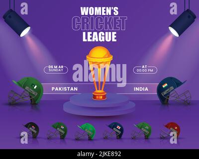 Frauen-Cricket-Spiel zwischen Pakistan und Indien mit Ländern Helme, Spotlights-Effekt 3D Siegertrophäe auf dem Podium auf violettem Hintergrund. Stock Vektor