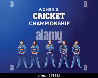 Schriftart der Cricket Championship für Frauen mit dem gesichtslosen indischen Cricketteam auf blauem Hintergrund. Stock Vektor