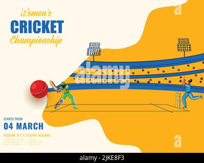Konzept der Frauen-Cricket-Meisterschaft mit dem teilnehmenden Team Pakistan gegen Indien und Bowler, der Ball an Batter Player im Stadium View wirft. Stock Vektor