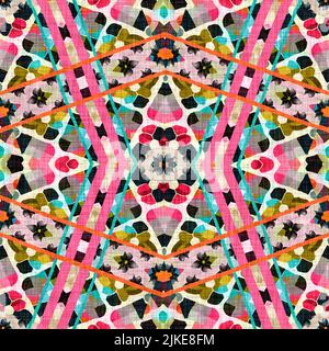 Kitschig gemustertes geometrisches Retro-Design in nahtlosem Hintergrund. Trendy modernen Boho Geo in lebendigen bunten Grafik Illustration. Wiederholen Sie die Kachel für Stockfoto