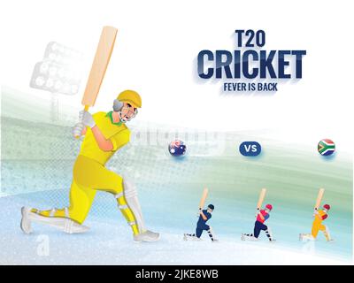 T20 Cricket Fever is Back Konzept mit Batter Spielern aus teilnehmenden Ländern auf Abstract Stadium View. Stock Vektor