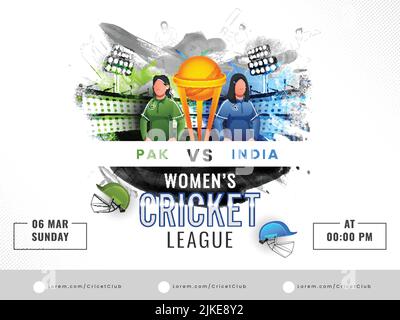 Frauen-Cricket-Spiel zwischen Pakistan und Indien mit gesichtslosen Cricketspieler Spieler und gewinnen Trophy Cup auf Grunge Brush Stadium Hintergrund. Stock Vektor